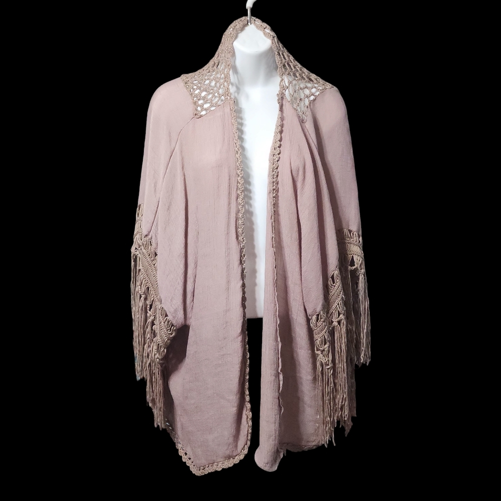 Do Everything In Love Lightweight Crochet Tassel Tan Cardigan